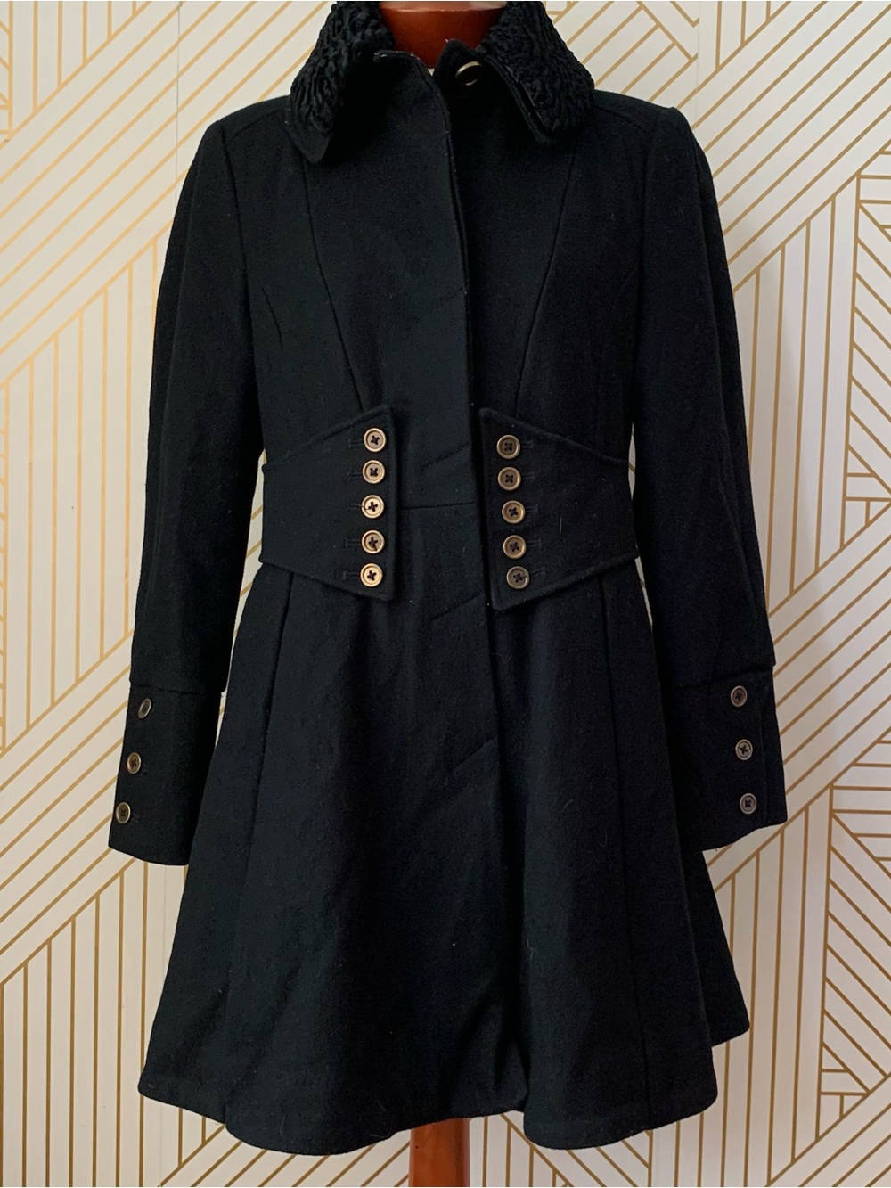 Betsey Johnson Y2K 2000's Black Wool Military Princess Coat Leopard Rose Lining - Picture 2 of 11